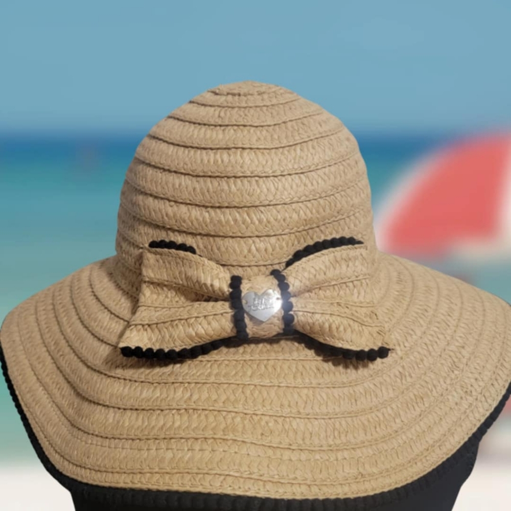 Betsey Johnson Floppy Woven Hat Bow Wide Brim Beach Boho Pom Pom Trim